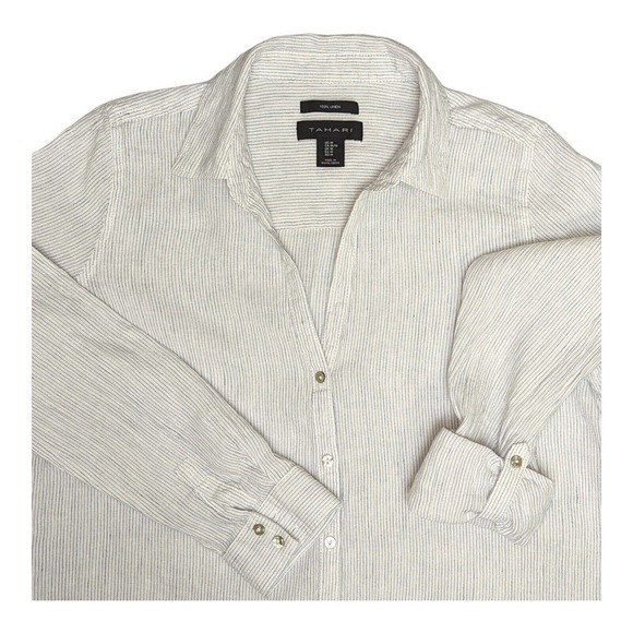 Tahari Linen Button Shirt Medium Pinstripe VNeck Rolltab Tunic White Blue Blouse - Picture 7 of 7